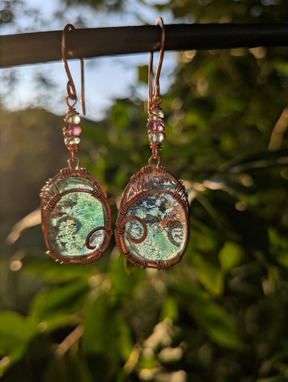 Mermaid Goddess Earrings - Artisan Dichroic Glass with Natural Gems in Copper - Picture 14 of 16